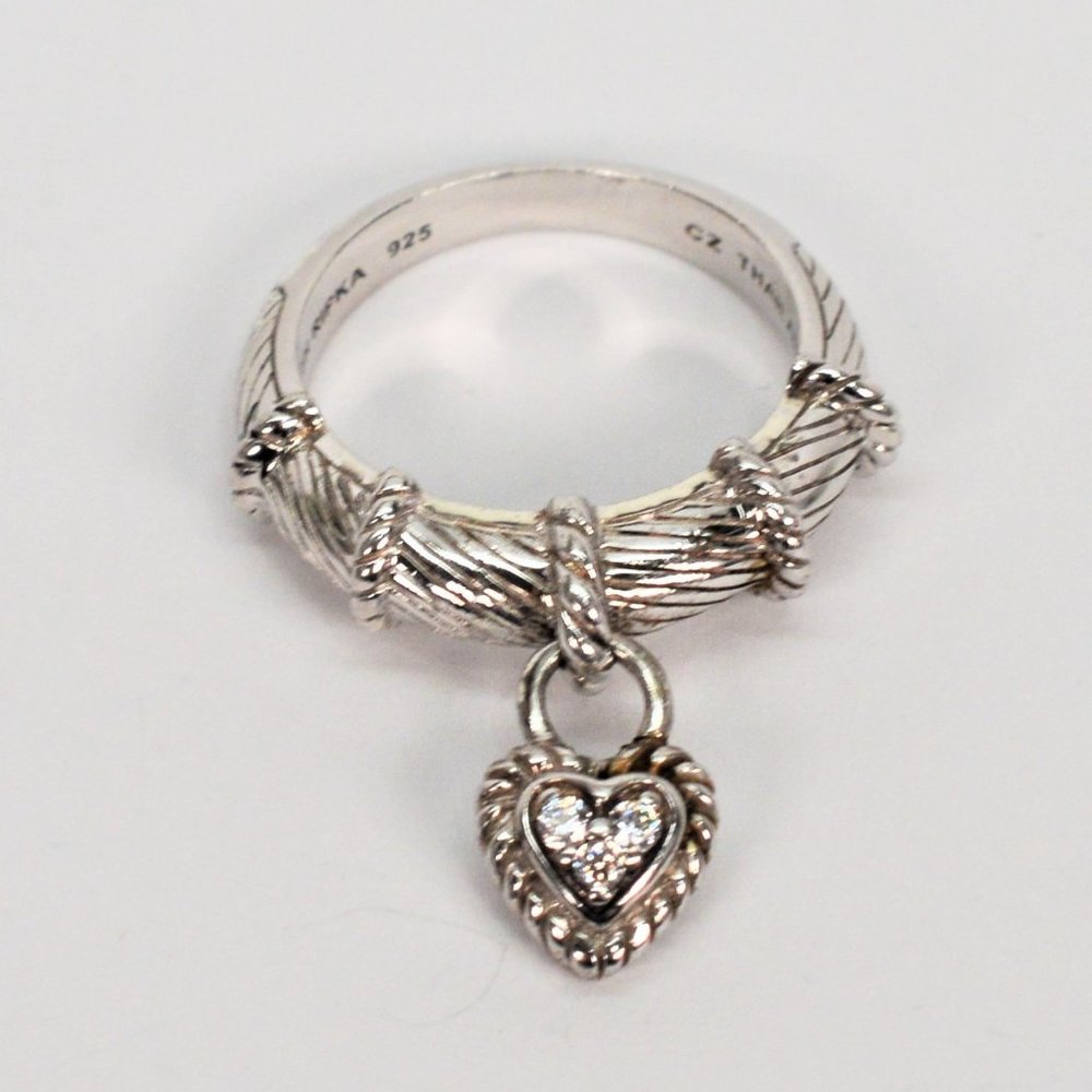 Judith Ripka Sterling Silver Ring with Dangle Heart Charm